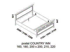 Postel Country Inn - rozměrový nákres. Provedení: masivní borovice. Český výrobek. Kvalitní zpracování. 